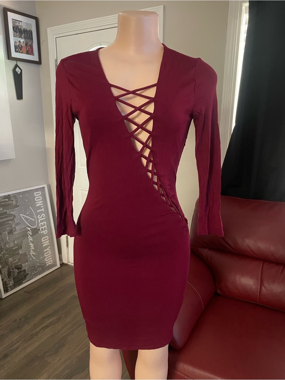 Love J Plunge Lace-Up Bodycon Dress in Burgundy soft comfy date  dance club